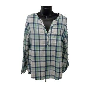 J Jill Top M Blue‎ Green Plaid Popover V-Neck Roll Tab Sleeve Pullover Shirt